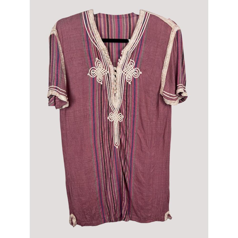 Boho Festival Artisan Embroidered‎ Cotton Tunic Top Pink Stripe XS S